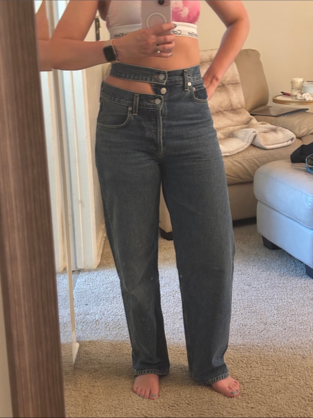 Agolde Dark Wash High-Rise Cutout Waist Wide Leg Jeans